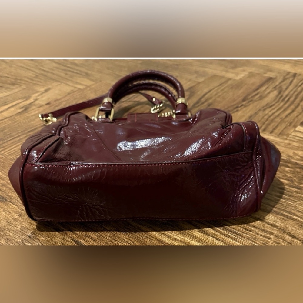 Vintage Cole Haan Burgundy Red Patent Leather Bag Purse Gold Accents - Picture 7 of 10